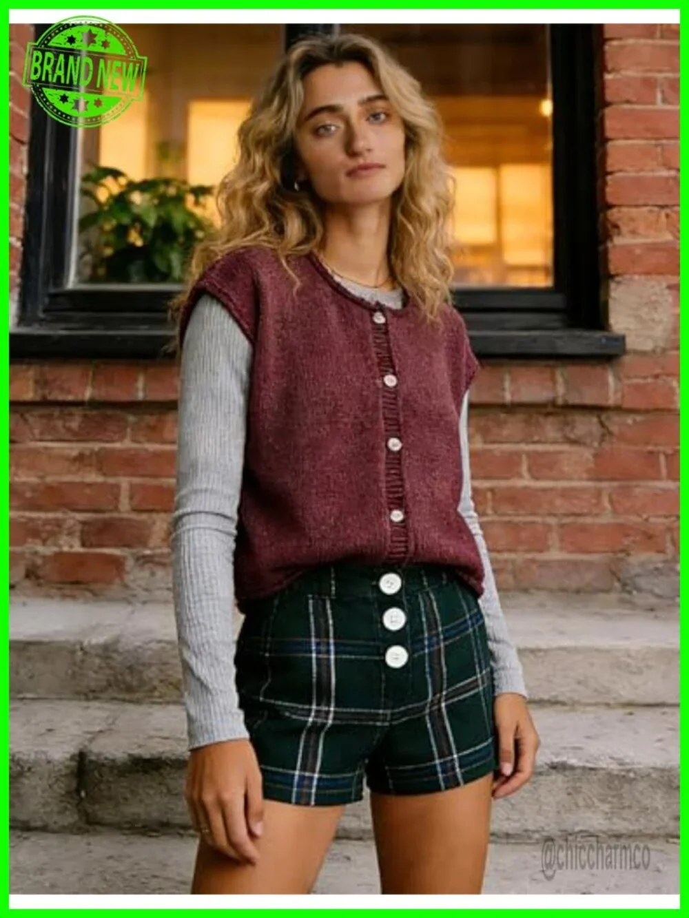 Knit Vest Button Front Crewneck Cap Sleeve Relaxed Fit